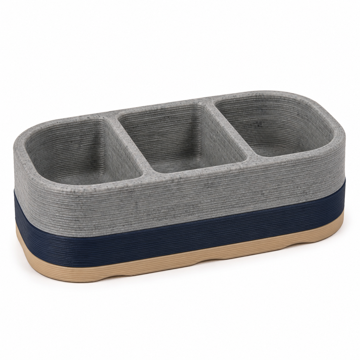 Badablage mit drei Fächern in Steinoptik – Produktansicht auf weißem Hintergrund; Farben: Navyblau, Steingrau und Beige.