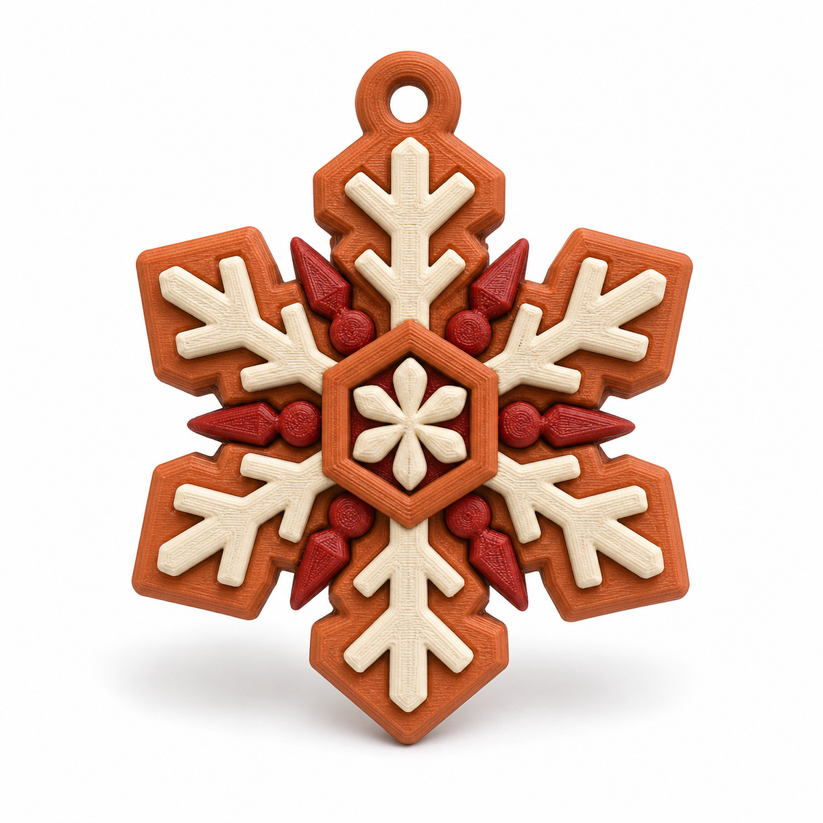 Product image of "Rustikal snowflakes pendant in terracotta" on white background: window ornament; Basic shape: six-armed snowflakes shape with small upper eyelet; Design: angular astendles, red inner stars and a creamy flower center; Colours: terracotta, red and cream.