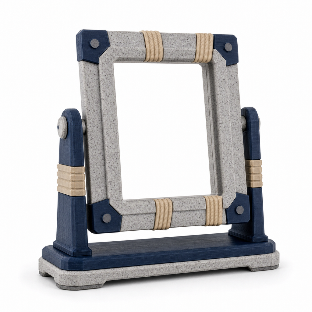 Schwenkbarer Tischbilderrahmen in Navy und Steingrau – Produktansicht auf weißem Hintergrund; Farben: Navyblau, Steingrau und Beige.