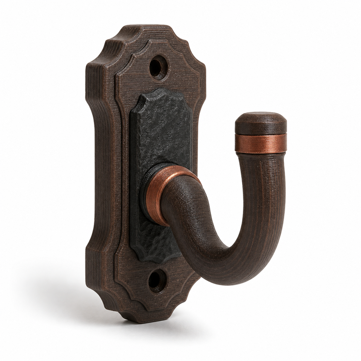 Product image of "Rustikler curtain hook mit Felsplatte" on white background: curtain hook; Basic shape: high edged wallplatte with wide open wooden optic hook; Design: a coarse reliefed dark interior surface and two fastening openings; Colours: dark brown, black and copper.