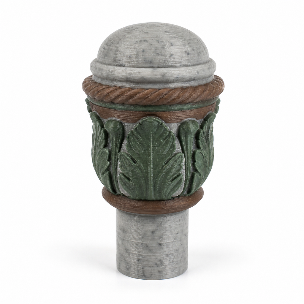 Product illustration by “Gardine rod end piece with leaf relief” on white background: Curtain rod end piece; Basic shape: conical cylindrical closure shape with stone-grey cap and neck; Design: circumferential dark green leaves and a twisted brown ribbon; Colours: stone grey, dark green and brown.