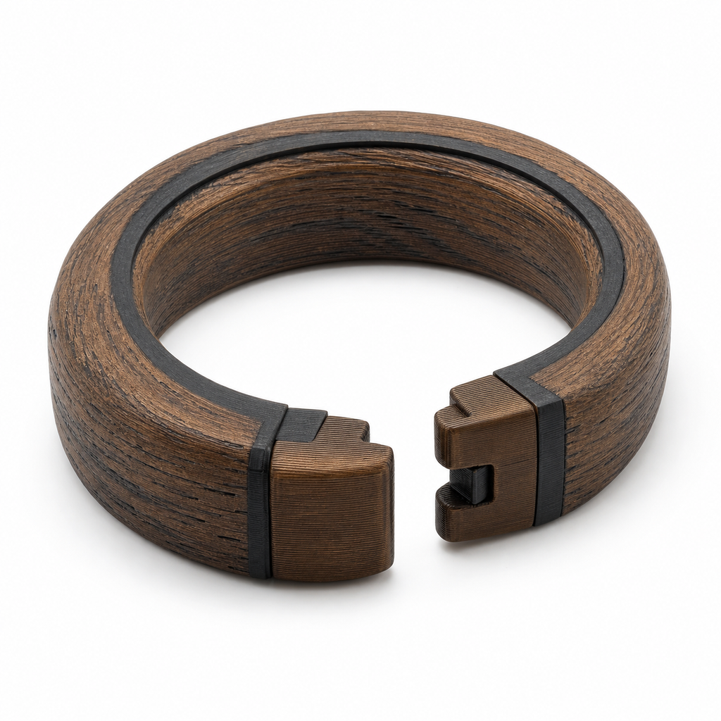 Product illustration of "Open curtain holder in rustic wood look" on white background: curtain holder; Basic shape: strong open C-shape with two dark closure ends; Design: a visible grain look and black-framed end caps; Colours: dark grey, brown and black.
