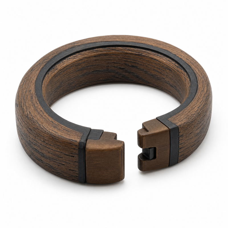 Product illustration of "Open curtain holder in rustic wood look" on white background: curtain holder; Basic shape: strong open C-shape with two dark closure ends; Design: a visible grain look and black-framed end caps; Colours: dark grey, brown and black.