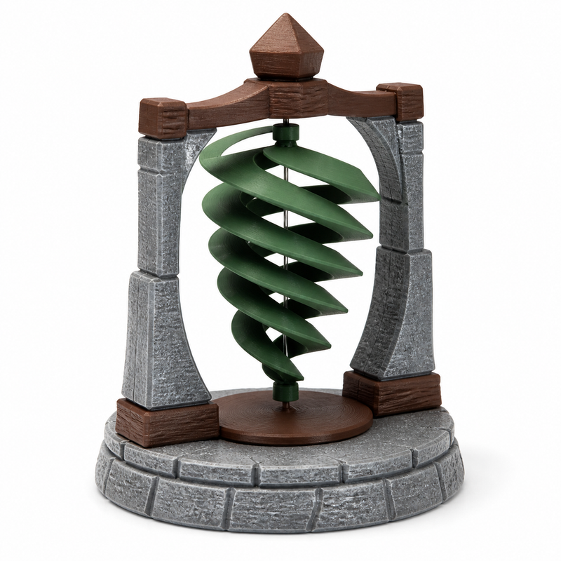 Spiralförmige Gartenskulptur im Rahmen in Steinoptik – Produktansicht auf weißem Hintergrund; Farben: Steingrau, Dunkelgrün und Braun.