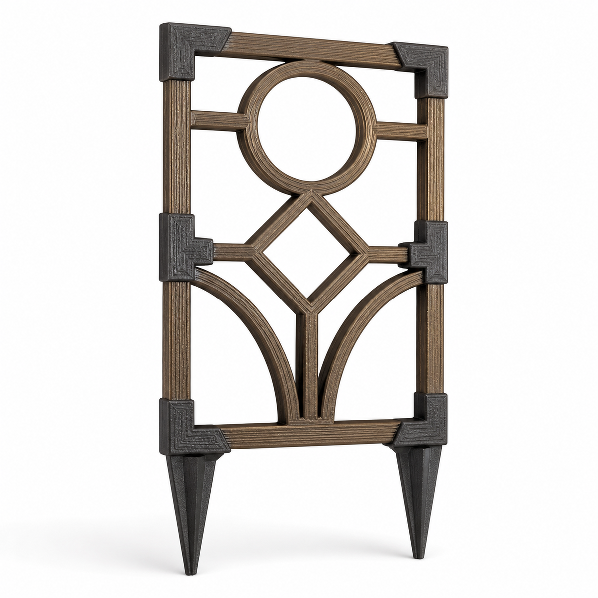 Product illustration of “Rustic Rank Grid with Circle and Rod” on a white background: Rank Grid; Basic shape: high rectangular frame on two pointed minds; Design: a symmetrical composition of circle, rod and curved struts; Colours: dark grey, brown and black.