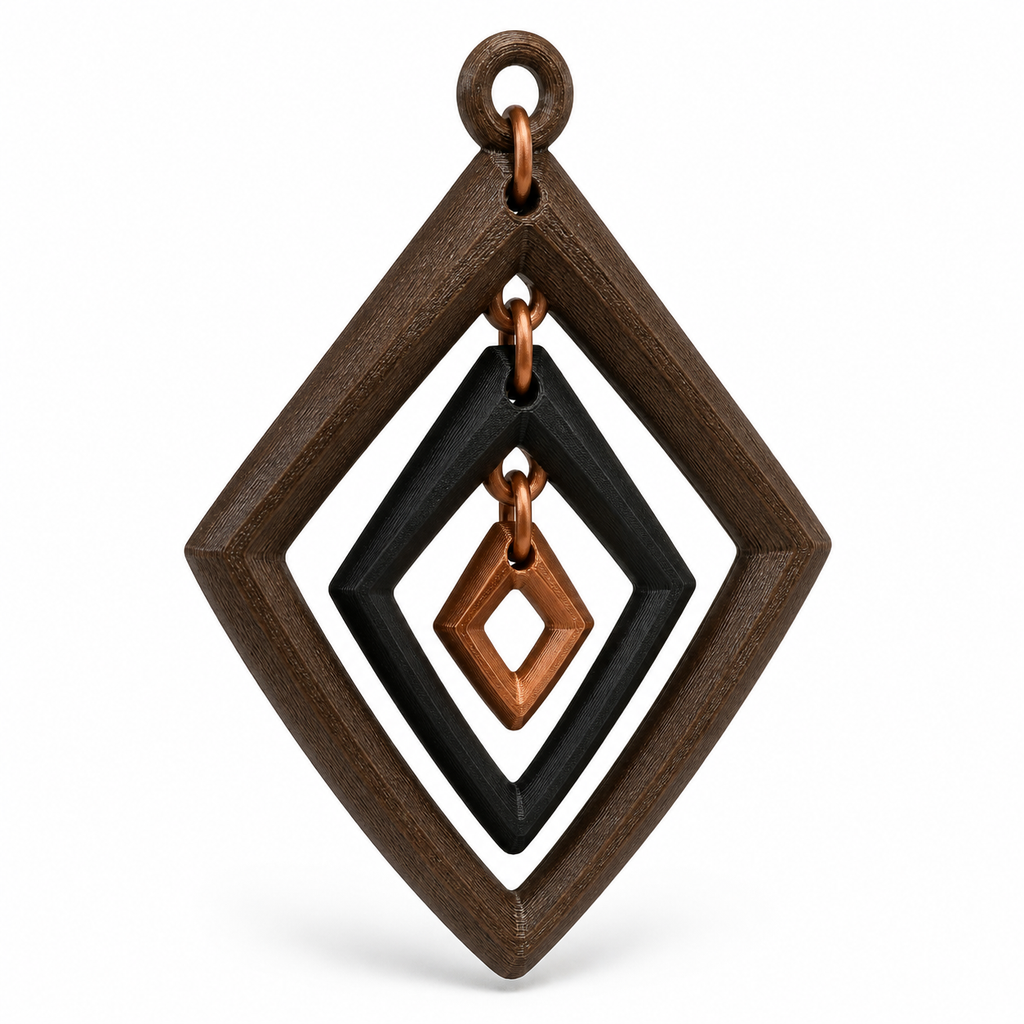 Product illustration of "Route shaped hanging decoration in dark wood look" on white background: hanging decoration; Basic shape: large open rhodium shape with upper suspension loop; Design: four nested frames and a small copper-colored inner rod; Colours: dark brown, black and copper.