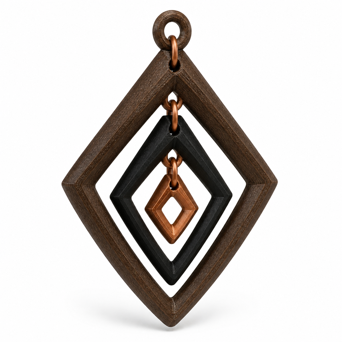Product illustration of "Route shaped hanging decoration in dark wood look" on white background: hanging decoration; Basic shape: large open rhodium shape with upper suspension loop; Design: four nested frames and a small copper-colored inner rod; Colours: dark brown, black and copper.