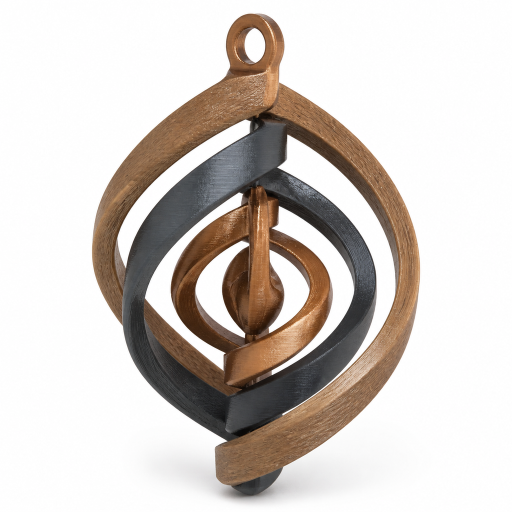 Product image of "Spiral hanging decoration in wood and rock optics" on white background: hanging decoration; Basic shape: belly open drop shape with upper loop in wood optics; Design: several interlocking brown and dark grey spiral frames; Colours: dark grey, brown and black.