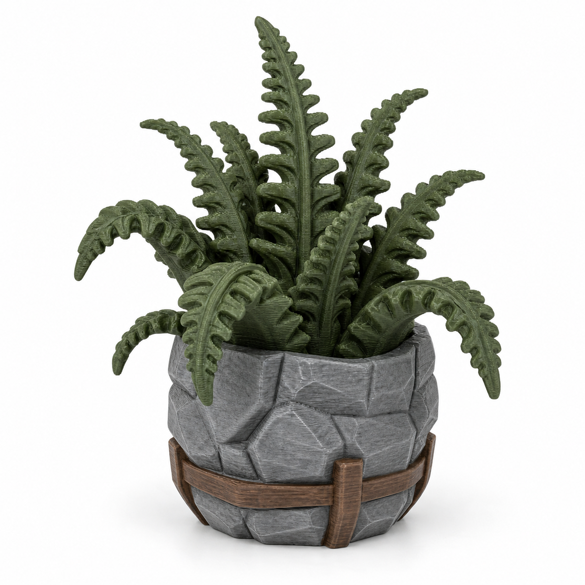 Product illustration by “Artificial fern plant in a pot in stone and wood optics” on a white background: artificial plant; Basic shape: wide-ranging fan-shaped plant in a round pot; Design: numerous dark green weeds, stone-grey facets and brown barrel ribbons; Colours: stone grey, dark green and brown.