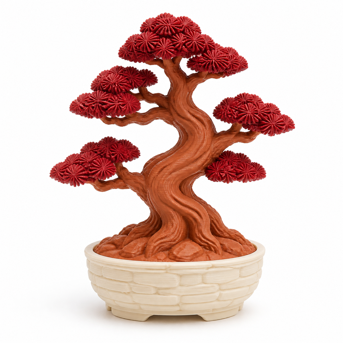 Product illustration of "artificial bonsai with red tree crown" on white background: artificial bonsai; Basic shape: small curved tree with staggered red crowns in a bright shell; Design: a distinctively twisted terracotta trunk and cloudy leaf cushions; Colours: terracotta, red and cream.