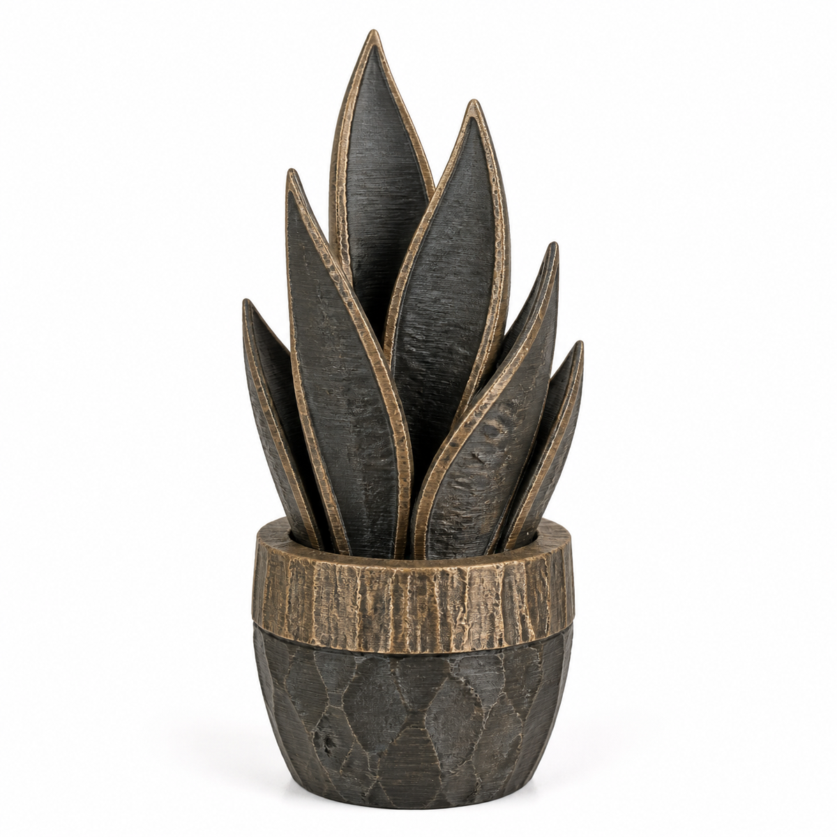 Product illustration of "Artificial leaf plant in a pot in rustic wood look" on a white background: artificial plant; Basic shape: upright plant with long dark tips in a belly-like top; Design: several high-rise leaves with brown contours and a grooved pot edge; Colours: dark grey, brown and black.