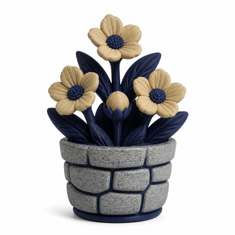 Product illustration of “Artificial flower plant in pot with stone wall look” on white background: artificial plant; Basic shape: upright plant with five cream-colored flowers in a round top; Design: navy blue leaves and a roughly structured stone-grey wall relief; Colours: navy blue, stone grey and beige.
