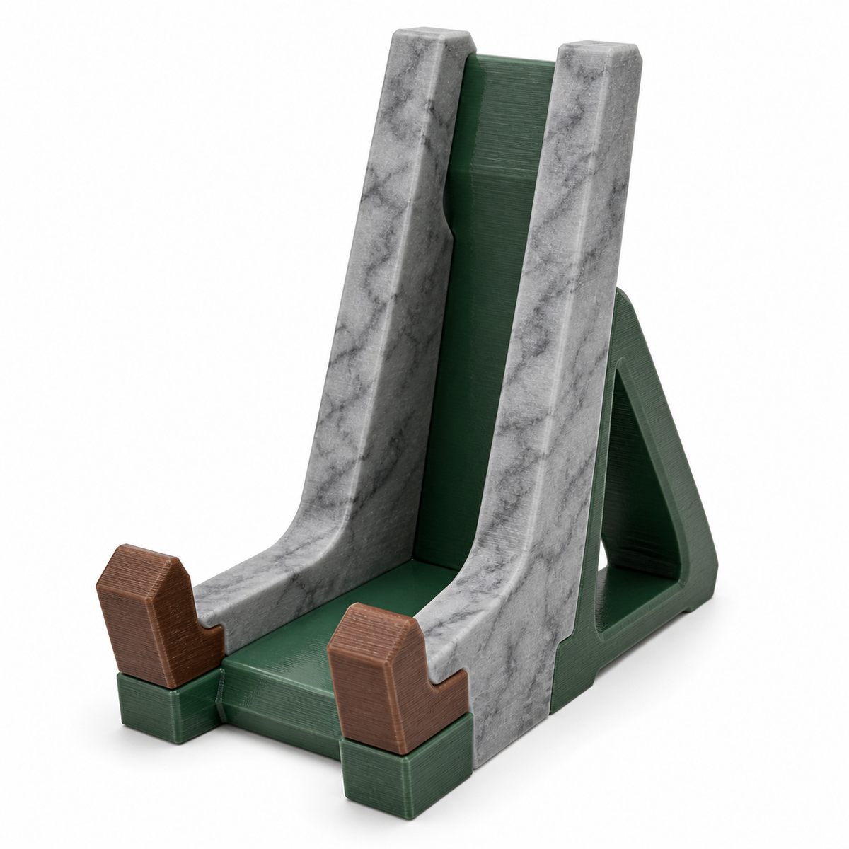Product illustration of "Staffelei-Display stands in stone grey and green" on white background: Display stands; Basic shape: open tri-legged slate with two long front runs; Design: stone-grey side strips, dark green middle track and brown stopper; Colours: stone grey, dark green and brown.