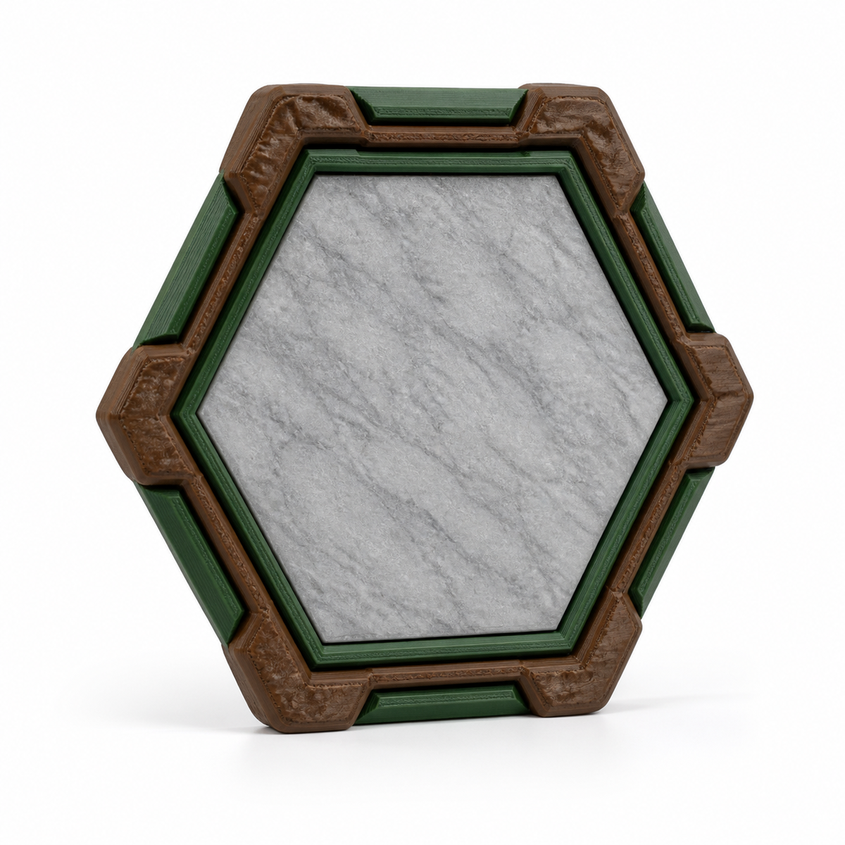 Product image of “wall sign Waldwabe” on white background: wall and door sign; Basic shape: hexagonal shield surface with stepped frame; Design: bright stone-like center in brown-green contour; Colours: stone grey, Forest green and brown.