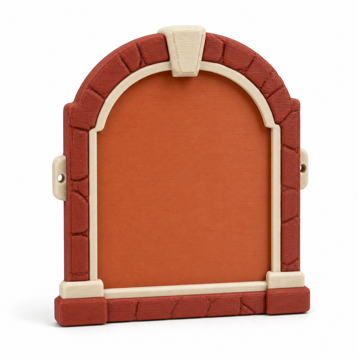 Product illustration of “door sign harvesting arc” on white background: wall and door sign; Basic shape: high rectangular shield surface with round arc and narrow footbridge; Design: terracotta center in a segmented dark red frame; Colours: terracotta, dark red and cream.