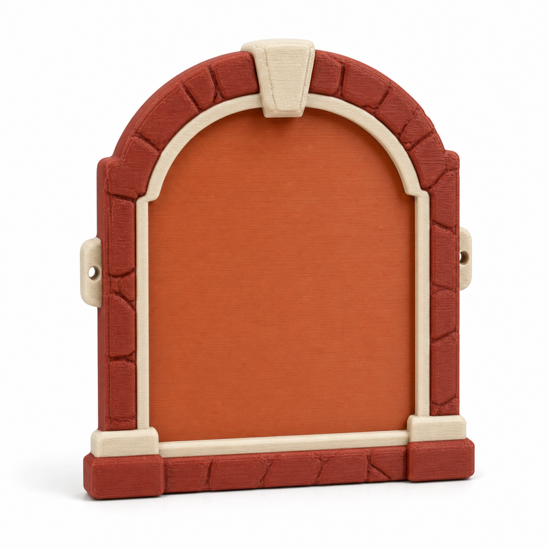 Product illustration of “door sign harvesting arc” on white background: wall and door sign; Basic shape: high rectangular shield surface with round arc and narrow footbridge; Design: terracotta center in a segmented dark red frame; Colours: terracotta, dark red and cream.