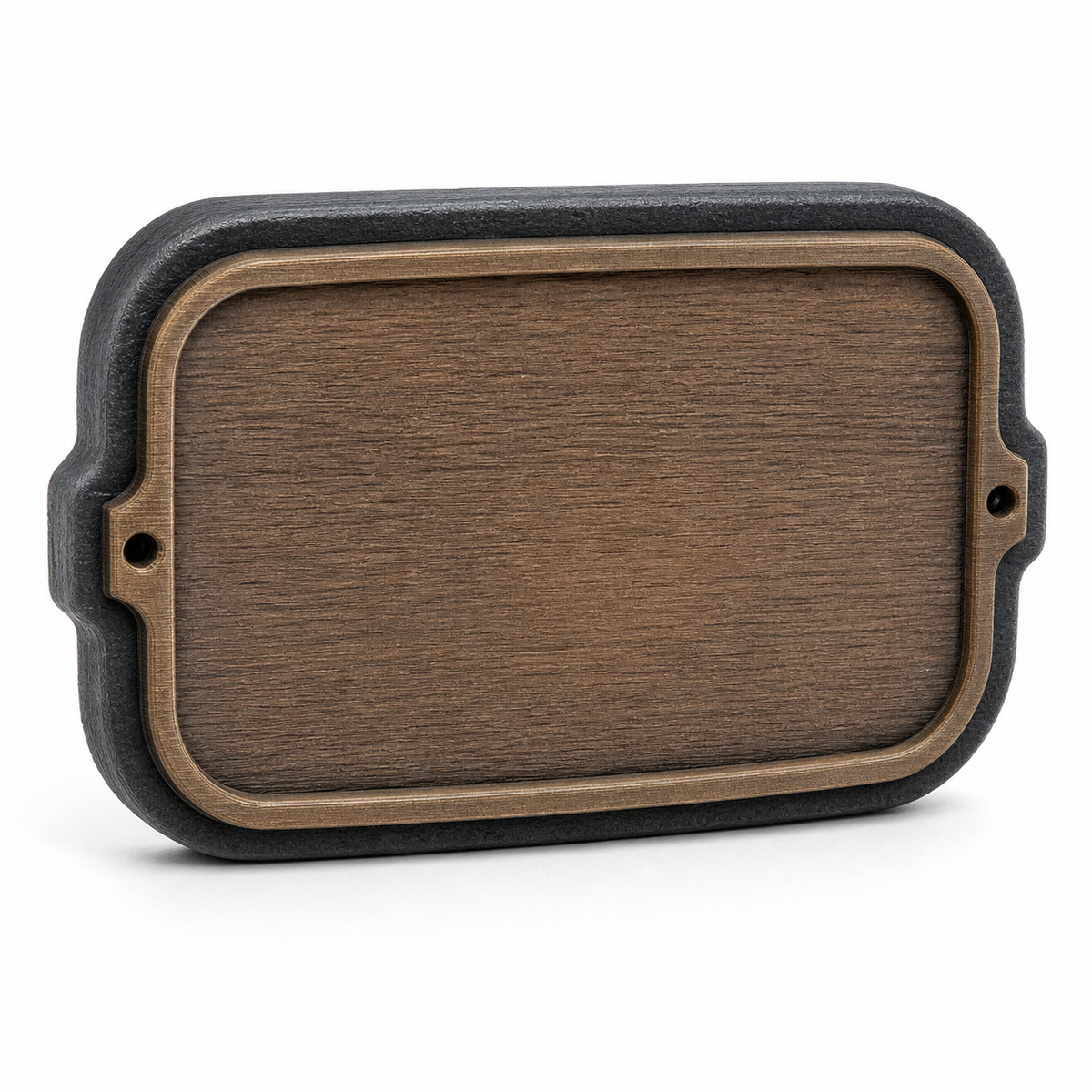 Product illustration of “wall sign workbench” on white background: wall and door sign; Basic shape: rectangular surface with strongly rounded corners and lateral fastening points; Design: brown wood look in wide dark grey border; Colours: brown, dark grey and black.