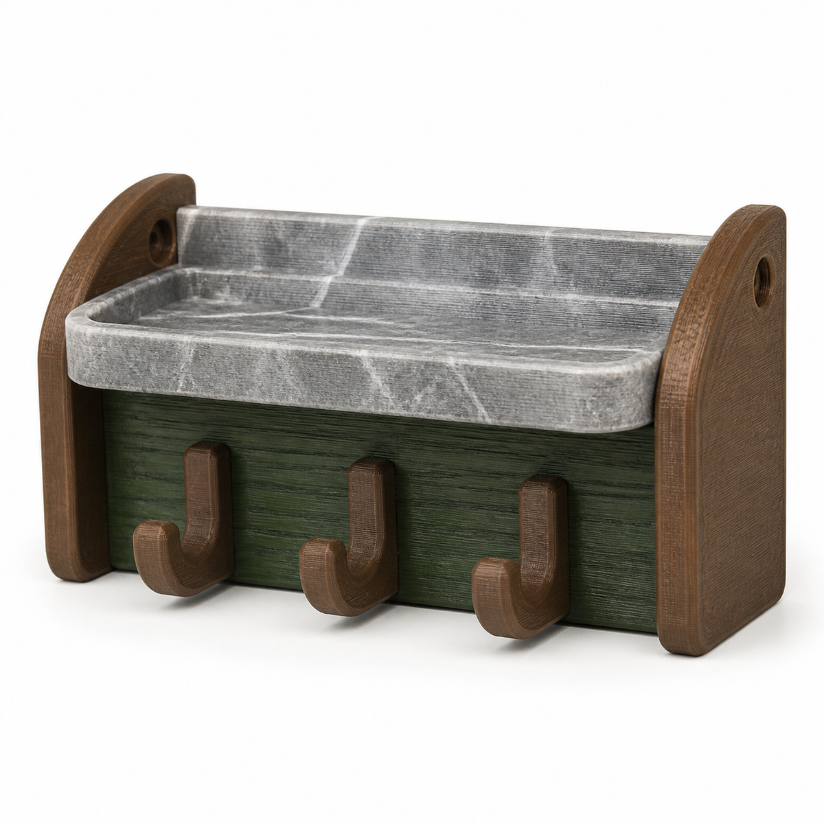 Product illustration of “Rustical key tray with three hooks” on a white background: key tray; Basic shape: a compact, wall-oriented shelf with raised side cheeks; Design: a grey shelf in stone look, a dark green front and three hooks bent forward; Colours: dark green, grey stone look and brown wood look.