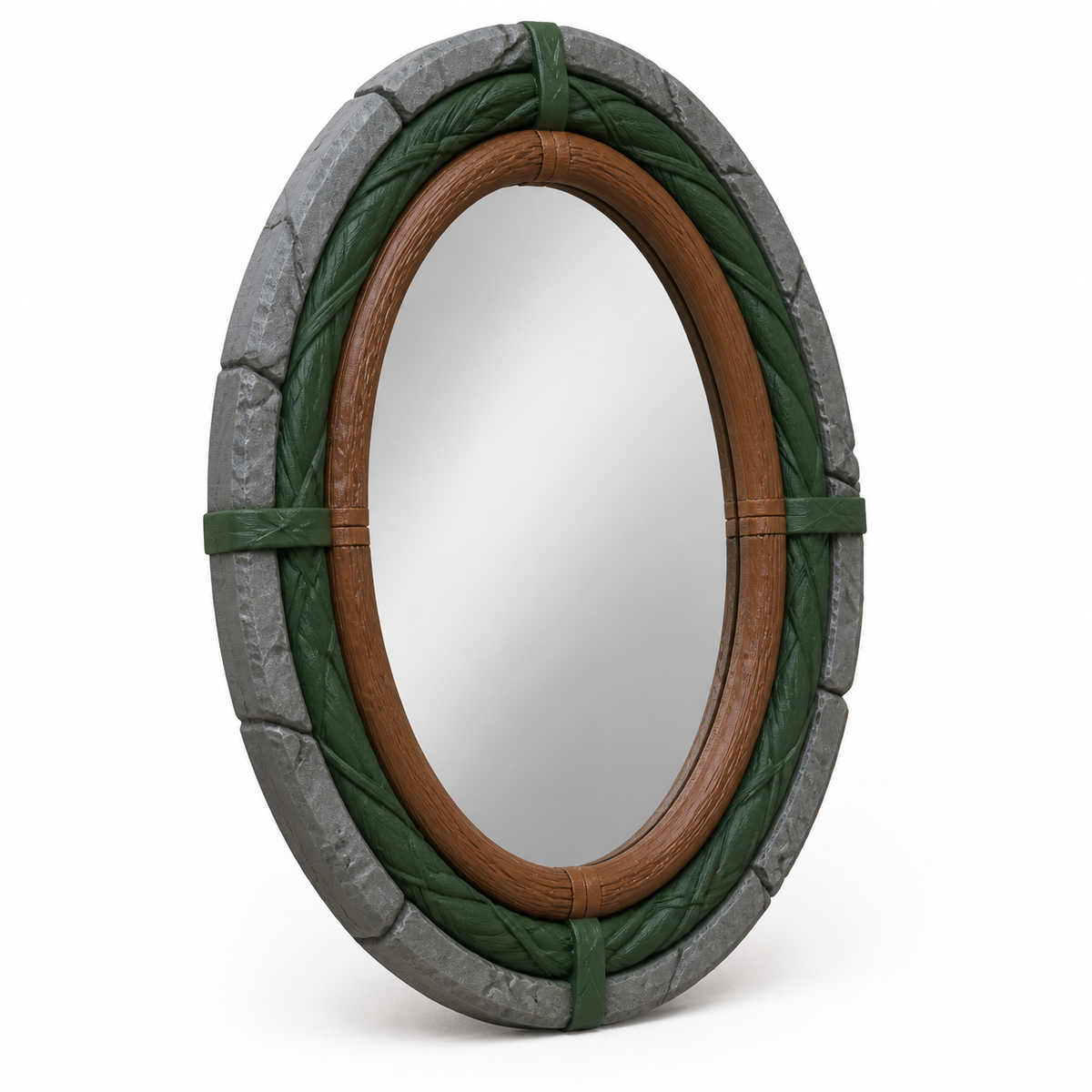 Product illustration of "Mirror frames Waldoval" on white background: Mirror frames; Basic shape: high-ovate, multi-layered frame; Design: inner brown contour, green braid and outer ring in stone look; Colours: stone grey, Forest green and brown.