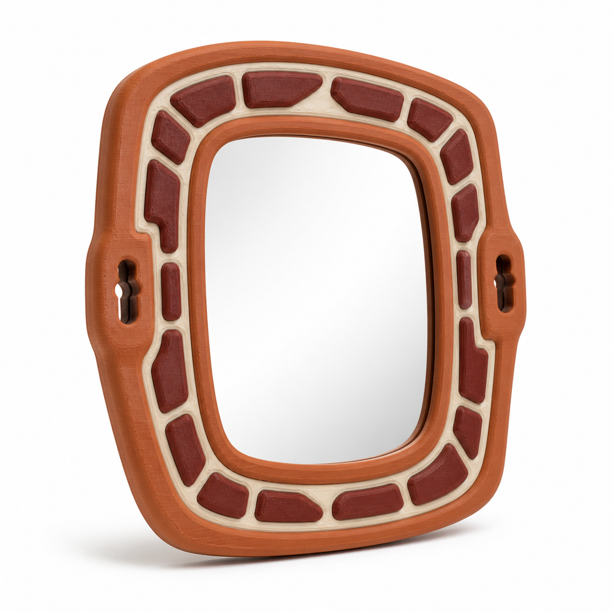 Product illustration of "Mirror frames harvest gate" on white background: Mirror frames; Basic shape: high-rectangular shape with soft rounded corners; Design: strong terracotta frame with irregular dark red inserts; Colours: terracotta, Dark red and cream.