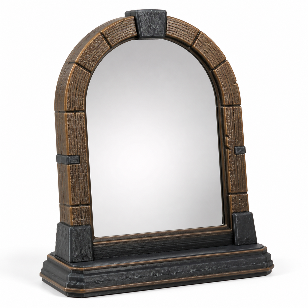 Product image of “standing mirror workshop door” on white background: Mirror frames; Basic shape: high arch frame on a stepped foot; Design: segmented brown arch surface with dark corner and foot parts; Colours: brown, dark grey and black.