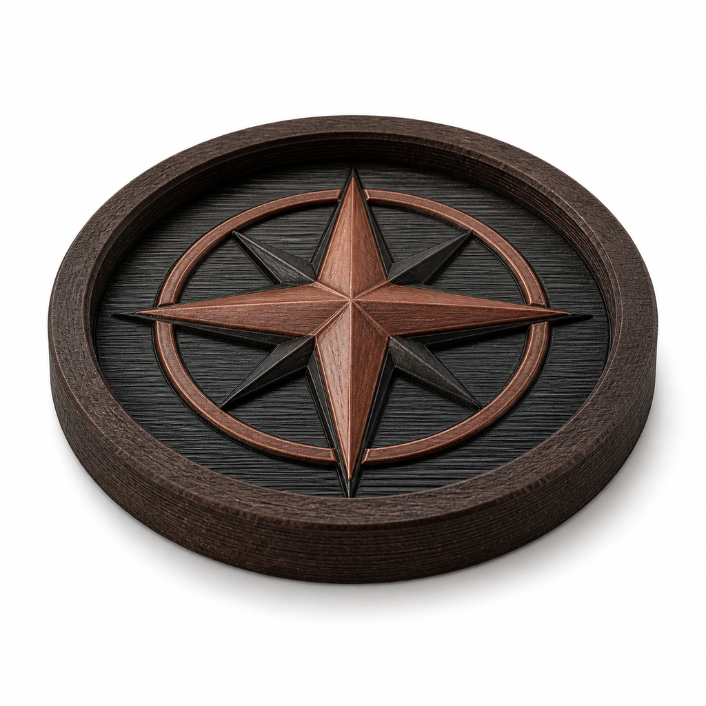 Product illustration of "coaster copper compass" on white background: coaster; Basic shape: round pane with raised outer edge; Design: eight-pointed compass rose over a dark textured surface; Colours: dark brown, black and copper.