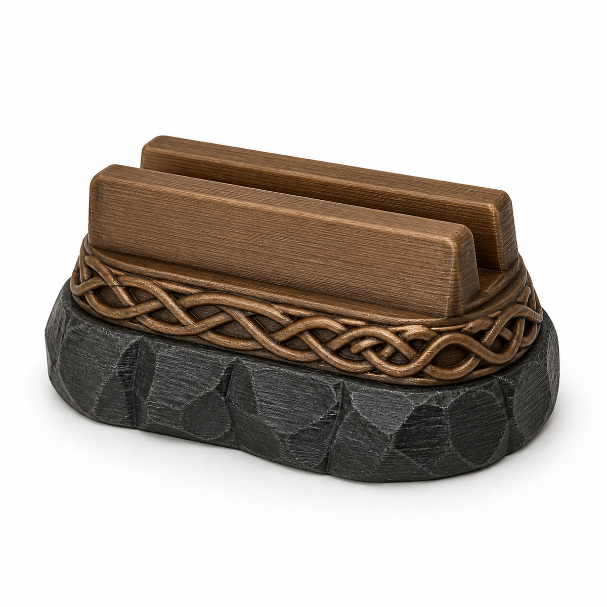 Product illustration of "napkin holder rock band" on white background: napkin holder; Basic shape: oval base with two parallel, slightly rounded retaining walls; Design: rock-like facetted substructure with circumferential braided tornament; Colours: brown, dark grey and black.