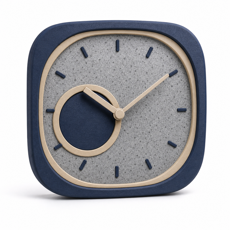 Product illustration of “table clock Nordschleife” on white background: table clock; Basic shape: square case with strongly rounded corners; Design: bright dial, dark blue indices and circular twisted pointer detail; Colours: dark blue, stone grey and beige.