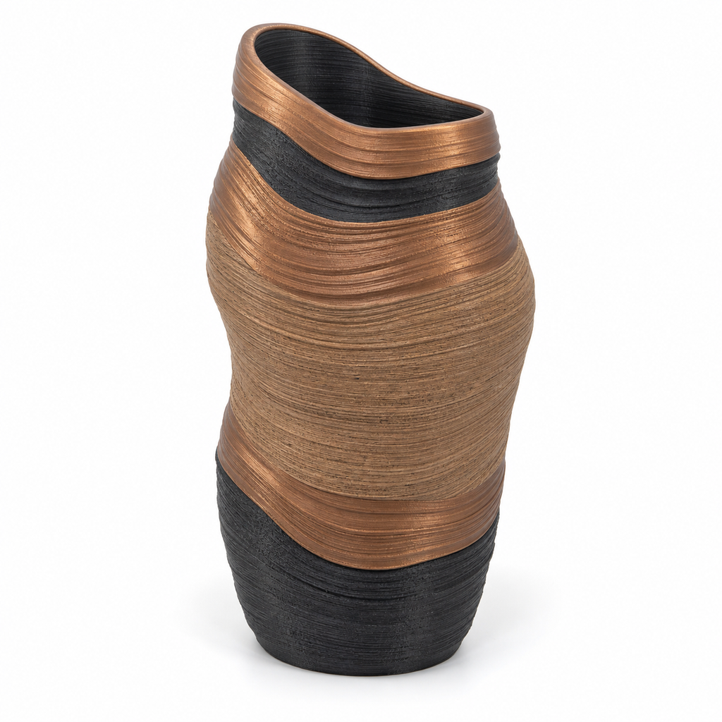 Product illustration of "Vase Barkstrom" on white background: decorative vase; Basic shape: slim, organic wavy high shape with irregular opening; Design: circumferential horizontal grooves and softly offset contour; Colours: copper brown, dark grey and black.