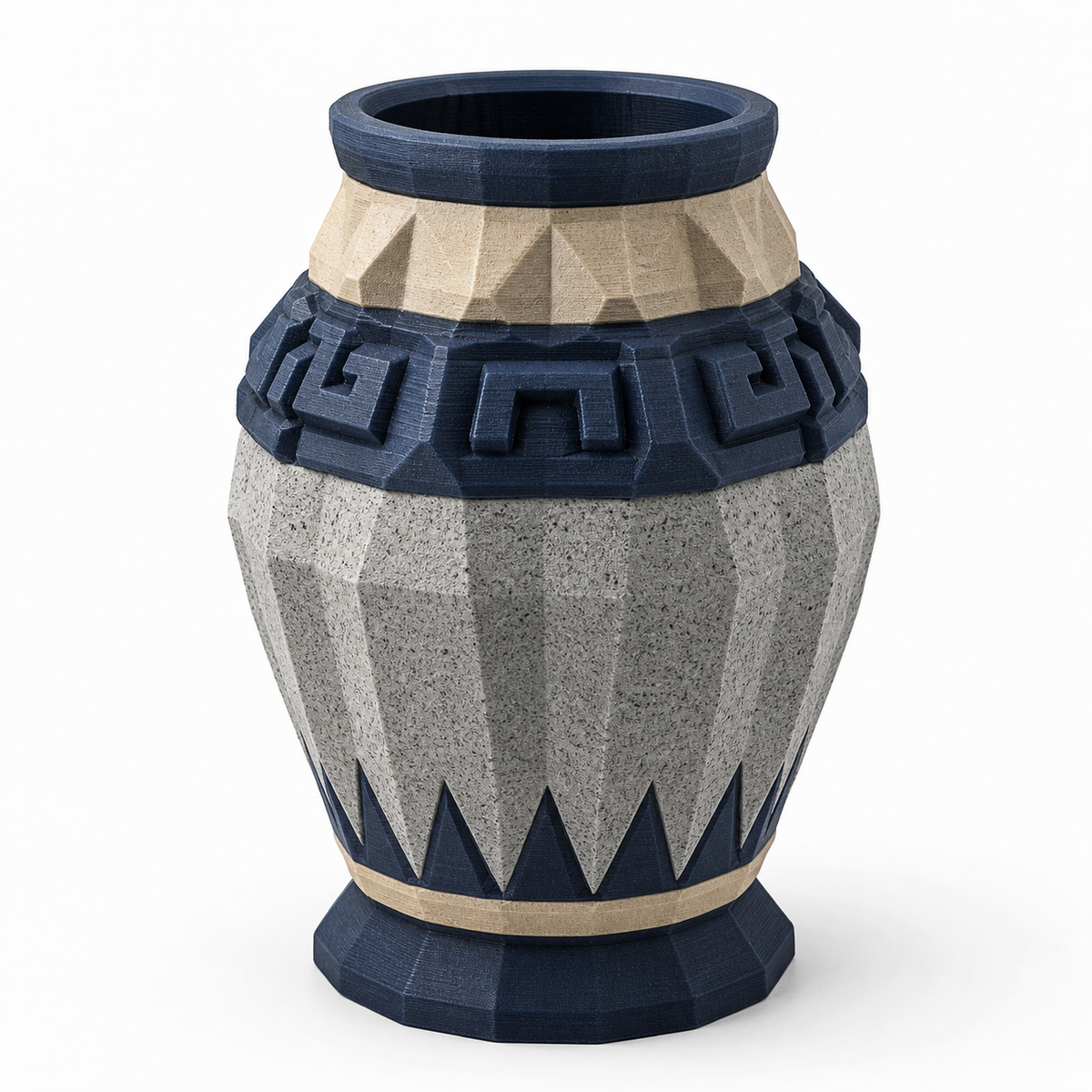 Product illustration of "Vase Nordornament" on white background: decorative vase; Basic shape: bulbous faceted body with short neck and strong stand ring; Design: circumferential geometric bands with meandering and twig motif; Colours: dark blue, stone grey and beige.
