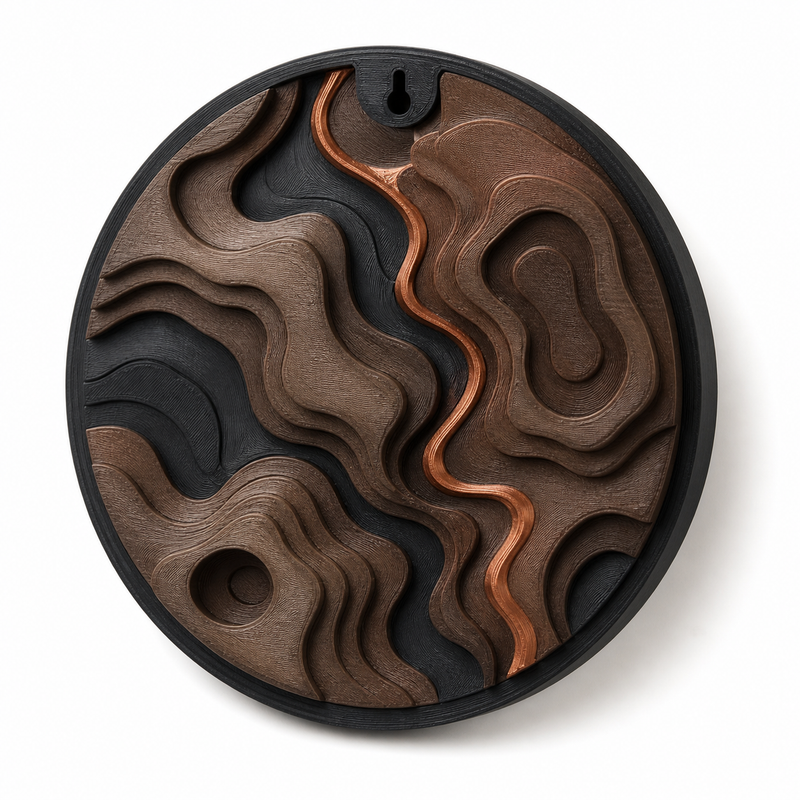 Product image of "wall relief Kupferfluss" on white background: wall relief; Basic shape: round relief panel with narrow outer edge; Design: multi-layered, topographically looking wave fields; Colours: dark brown, black and copper.