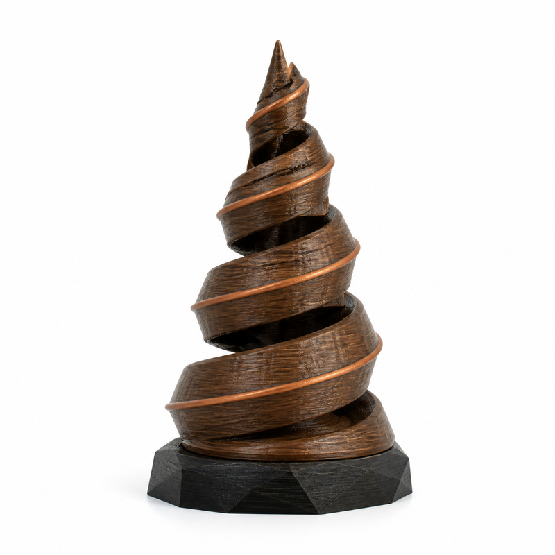 Product illustration of "Spiralbaum Kupferwind" on white background: Deko-Christmas tree; Basic shape: slim conical tree shape on rocky faceted pedestal; Design: wide spiral band winds around the dark middle; Colours: dark brown, black and copper.