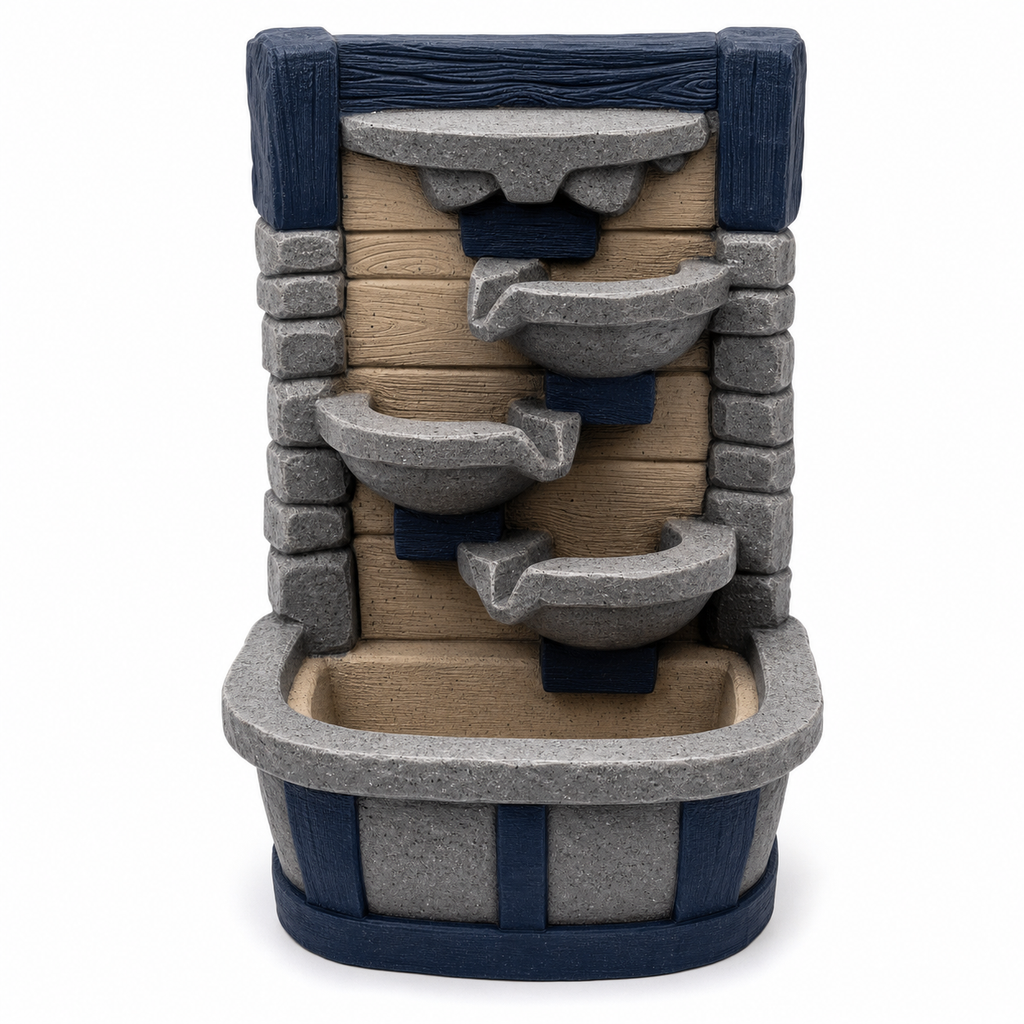 Product illustration of "Indoor fountains Nordwand" on white background: Indoor fountains; Basic shape: high rectangular cascade wall with several offset shells; Design: stone-like side walls, dark beam frame and staggered water guidance; Colours: stone grey, dark blue and beige.