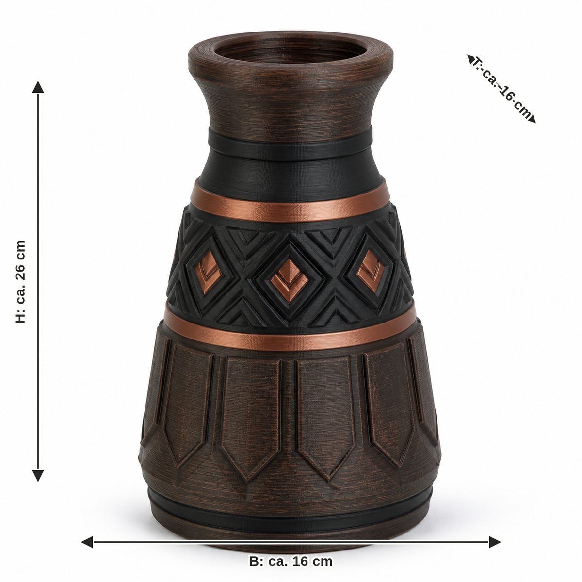 Dimensional image for vase copper hut: width approx. 16 cm, depth approx. 16 cm, height approx. 26 cm