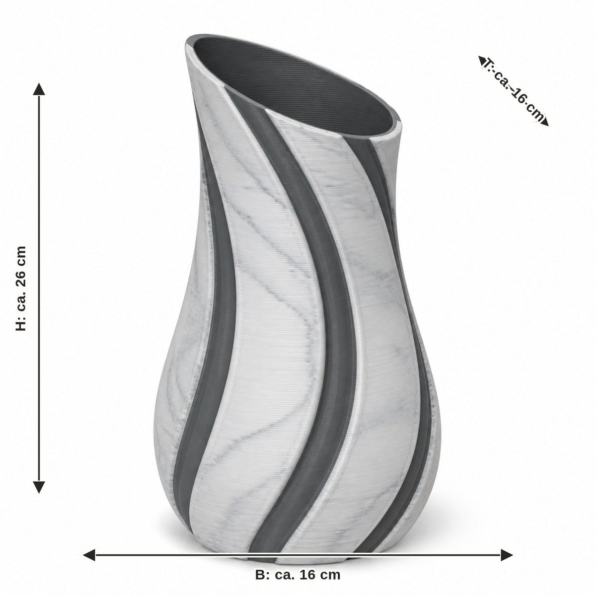 Maßbild für Vase Marmoroptik-strömung: Breite ca. 16 cm, Tiefe ca. 16 cm, Höhe ca. 26 cm