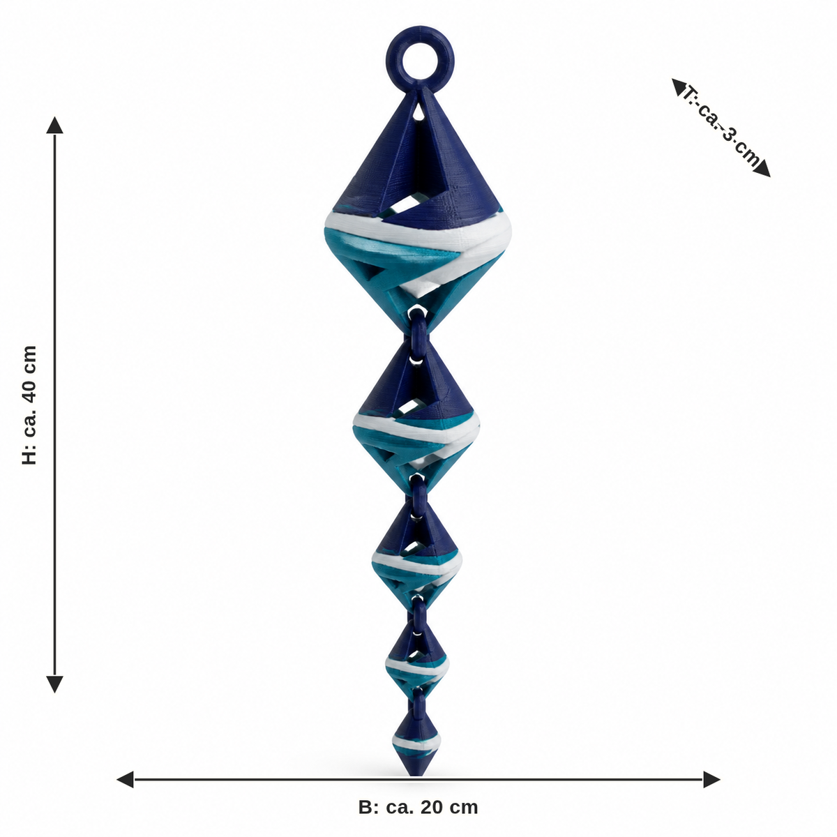 Dimensional image for vertical hanging decoration with diamond modules: width approx. 20 cm, depth approx. 3 cm, height approx. 40 cm