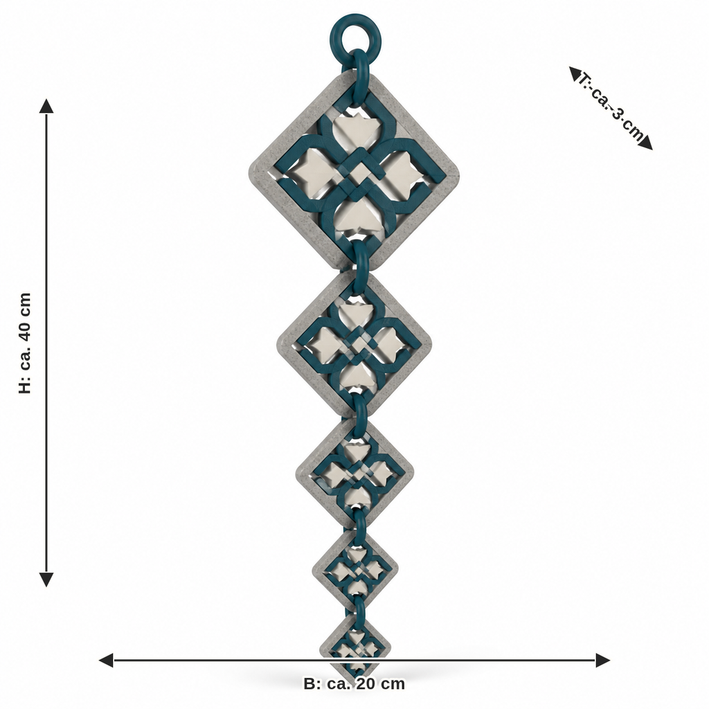 Maßbild für Vertikale Runen-Hängedeko mit fünf Rauten: Breite ca. 20 cm, Tiefe ca. 3 cm, Höhe ca. 40 cm