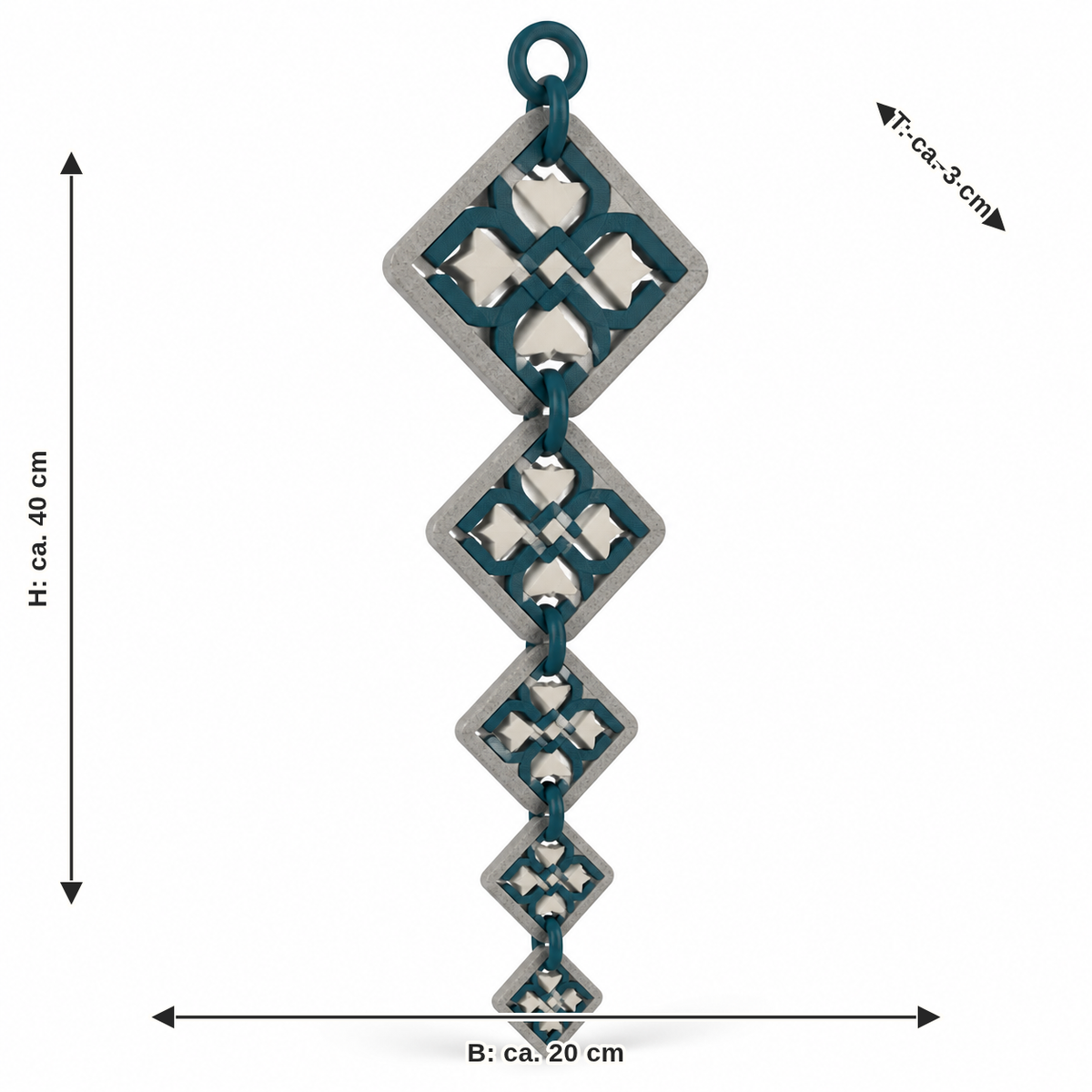 Maßbild für Vertikale Runen-Hängedeko mit fünf Rauten: Breite ca. 20 cm, Tiefe ca. 3 cm, Höhe ca. 40 cm