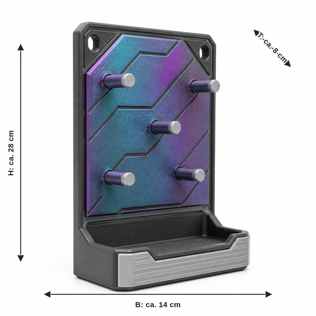 Dimensional image for vertical key rack with facet panel: width approx. 14 cm, depth approx. 8 cm, height approx. 28 cm
