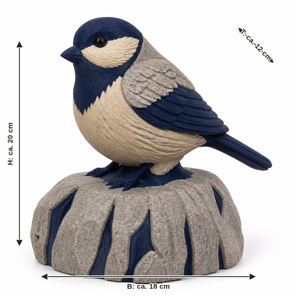 Dimensional image for bird figure on rocky base: width approx. 18 cm, depth approx. 12 cm, height approx. 20 cm