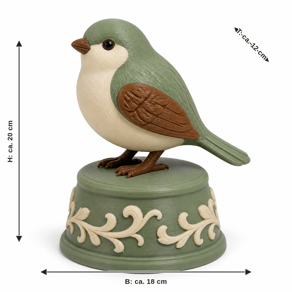 Maßbild für Vogelfigur auf verziertem Sockel: Breite ca. 18 cm, Tiefe ca. 12 cm, Höhe ca. 20 cm