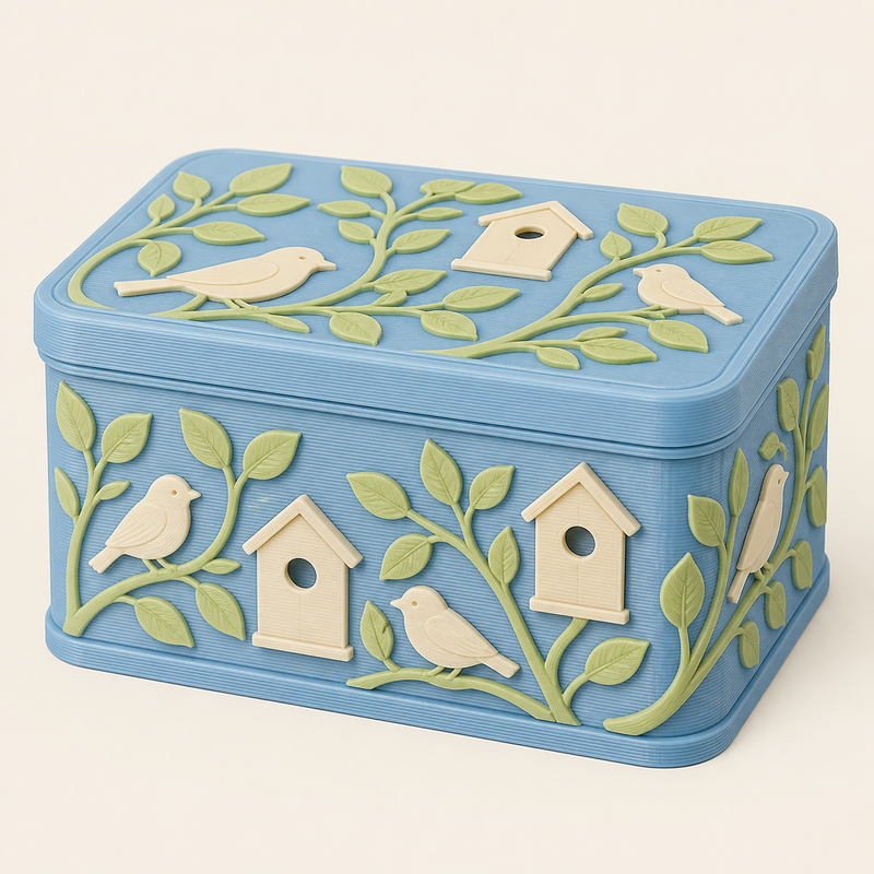 bird garden-storage box nest box made of 3D-printed PETG in sky blue, leaf green, cream