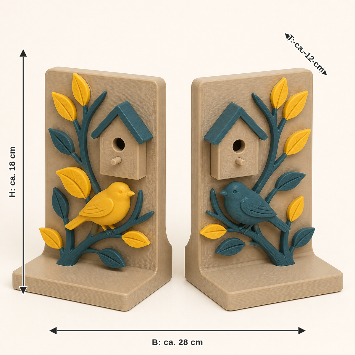 Dimensional picture for bird garden bookends pair Double bird: width approx. 28 cm, depth approx. 12 cm, height approx. 18 cm