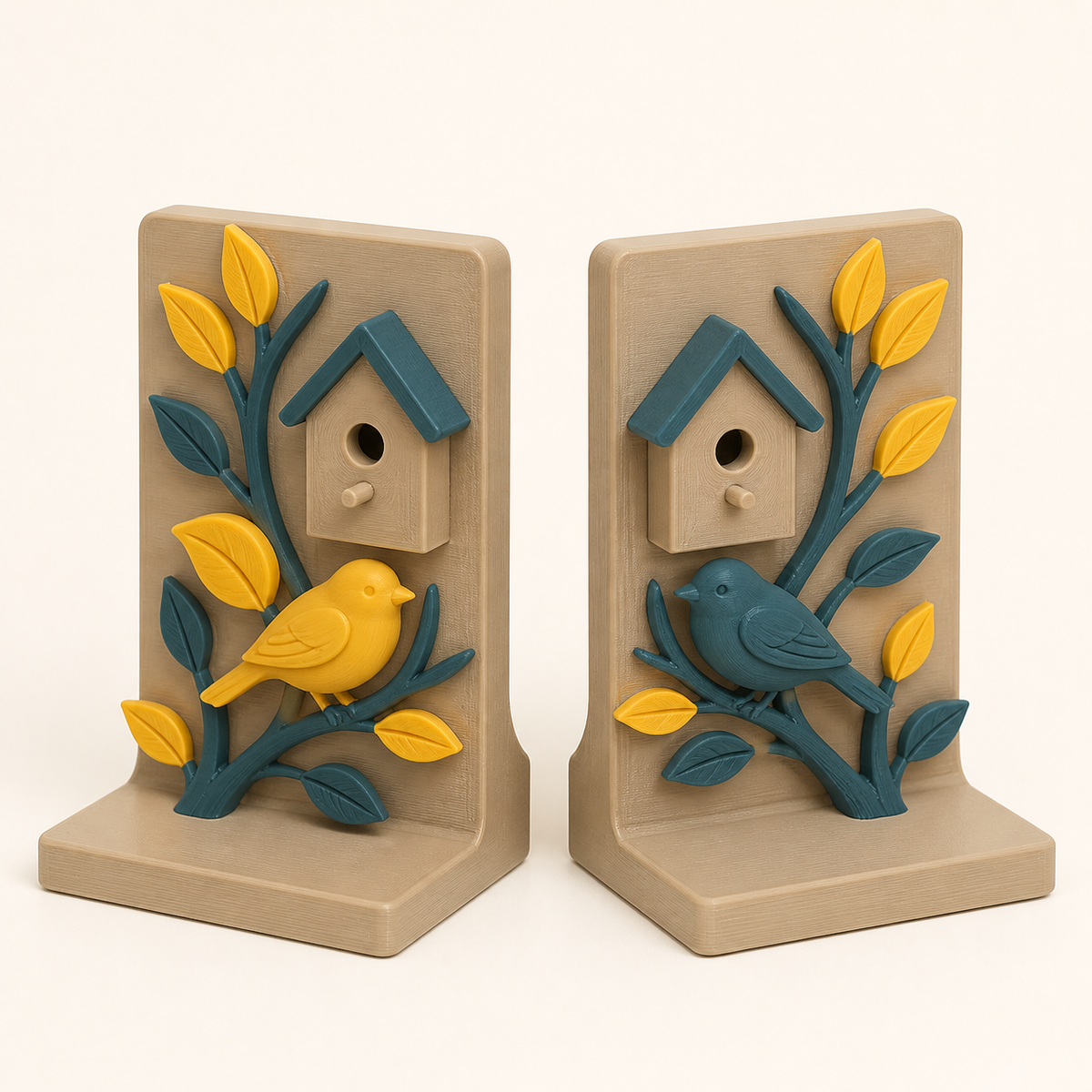 bird garden-bookends-pair Double bird from 3D-printed PETG in sun yellow, teal, sand beige