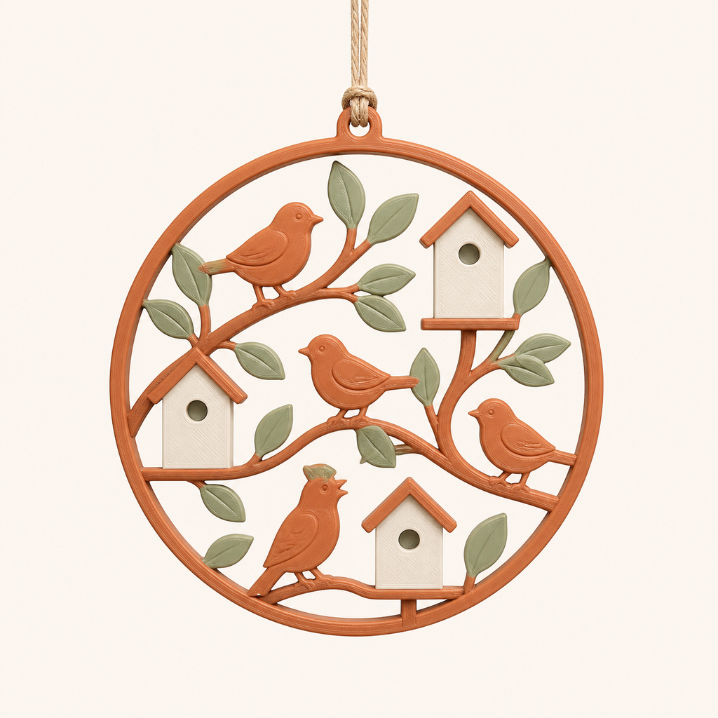 bird garden-hanging decoration Bird branch from 3D-printed PETG in terracotta, sage green, warm white