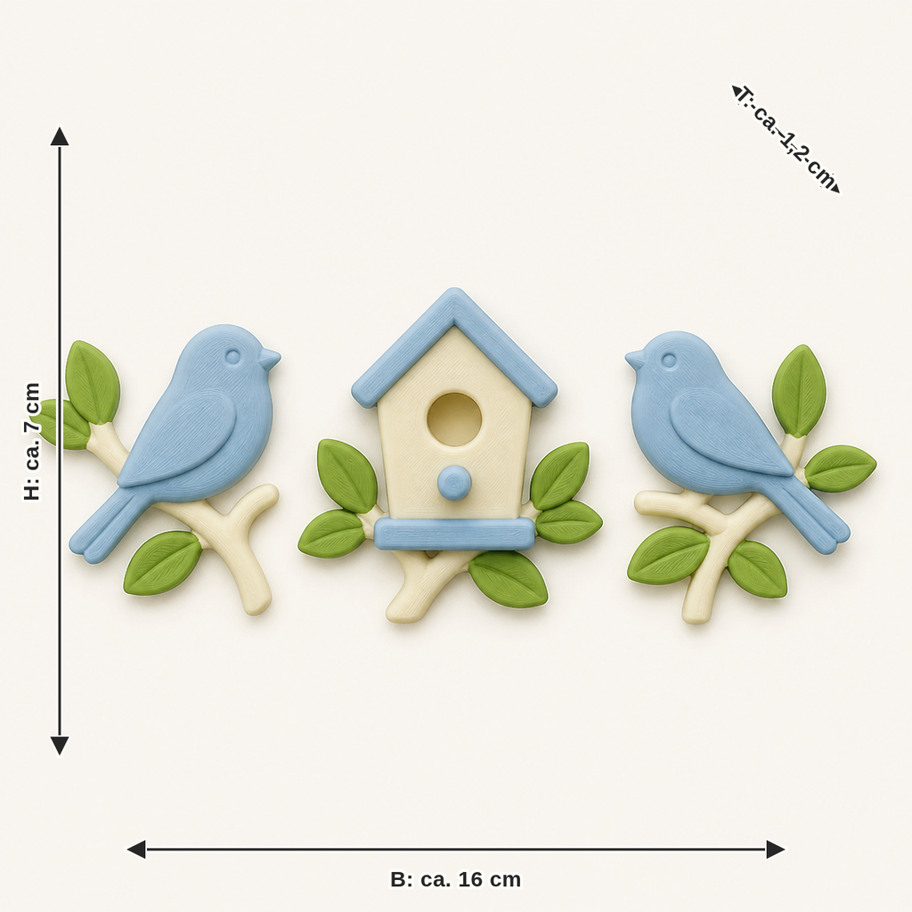 Dimensional image for bird garden magnet set Bird trio: width approx. 16 cm, depth approx. 1.2 cm, height approx. 7 cm