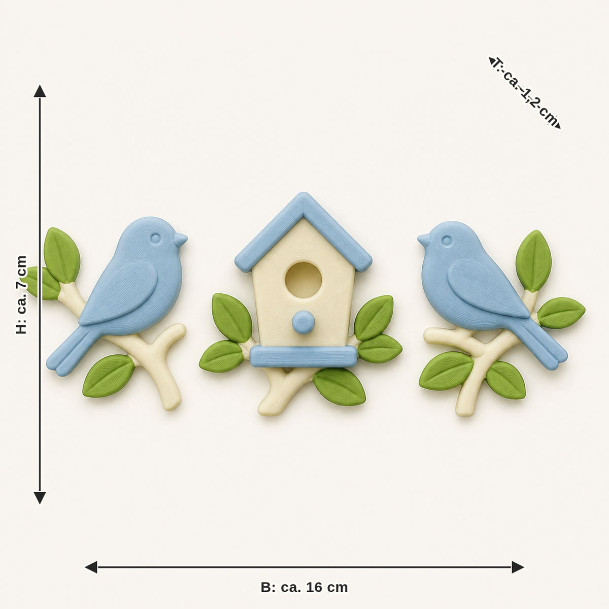 Dimensional image for bird garden magnet set Bird trio: width approx. 16 cm, depth approx. 1.2 cm, height approx. 7 cm