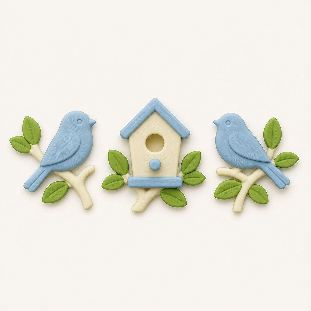 bird garden magnet set Bird trio from 3D-printed PETG in sky blue, leaf green, cream