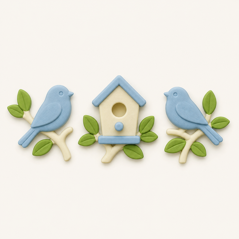 bird garden magnet set Bird trio from 3D-printed PETG in sky blue, leaf green, cream
