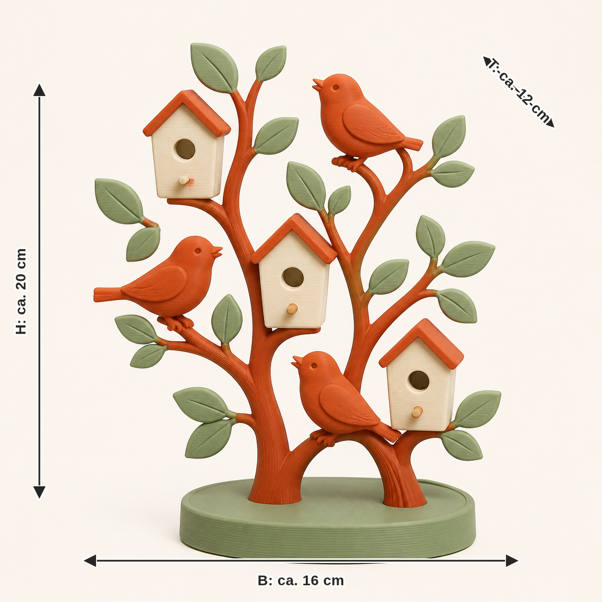 Dimensional image for bird garden mini sculpture Spring choir: width approx. 16 cm, depth approx. 12 cm, height approx. 20 cm